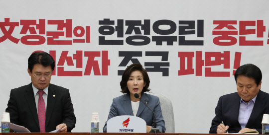 나경원 자유한국당 원내대표가 17일 국회에서 열린 원내대책회의에서 발언하고 있다. 연합뉴스